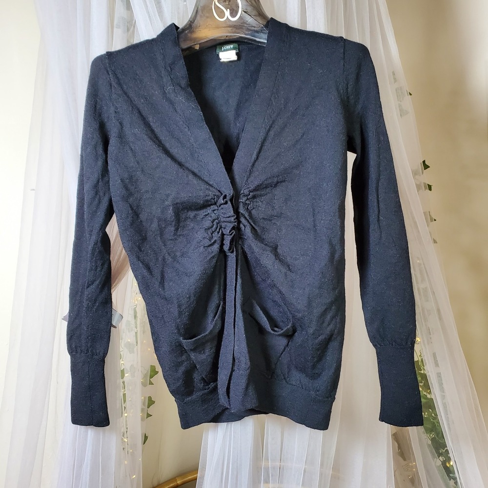 J.Crew Feminine Merino Wool Black Ruched‎ Cardigan Whimsigoth Victorian Size S